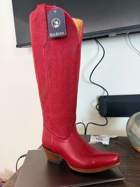 Rock’Em Red Leather Tall Wide Calf Cowboy Boots